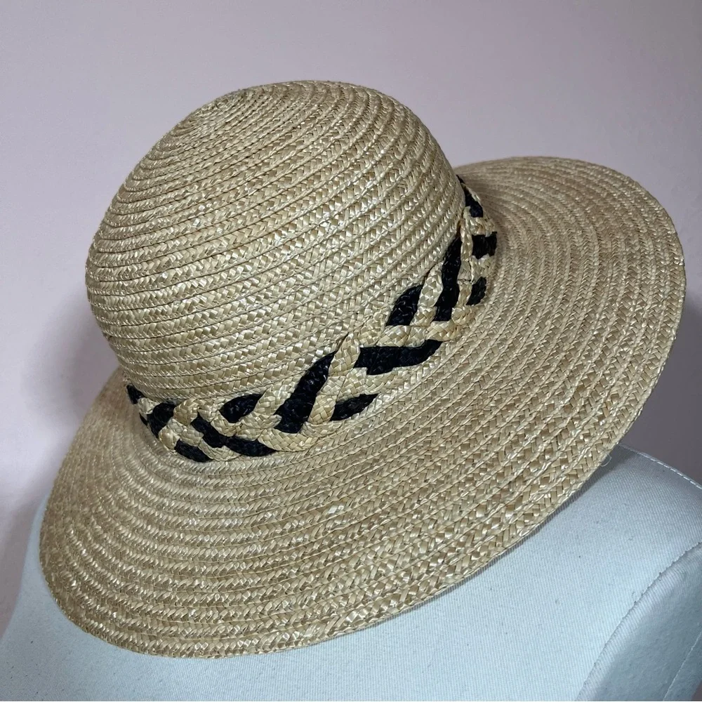 Vintage 90 Y2K Natural Straw Flat Wide brim Sunhat Coastal Grandma - Picture 8 of 14